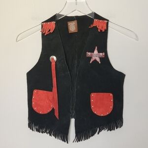 Knott's Berry Farm Kids Suede Leather Open Front Western Cowboy Vest Black Retro
